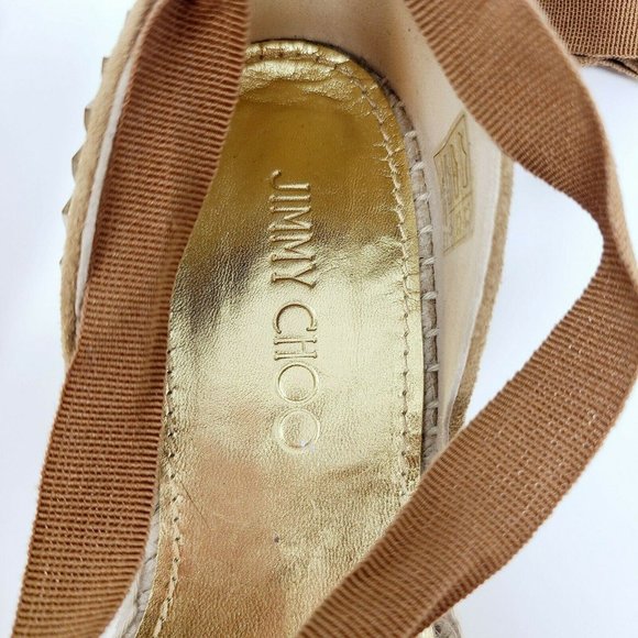 Jimmy Choo Brown Suede Gold Studded Lace Up Flats Espadrille - Picture 7 of 9